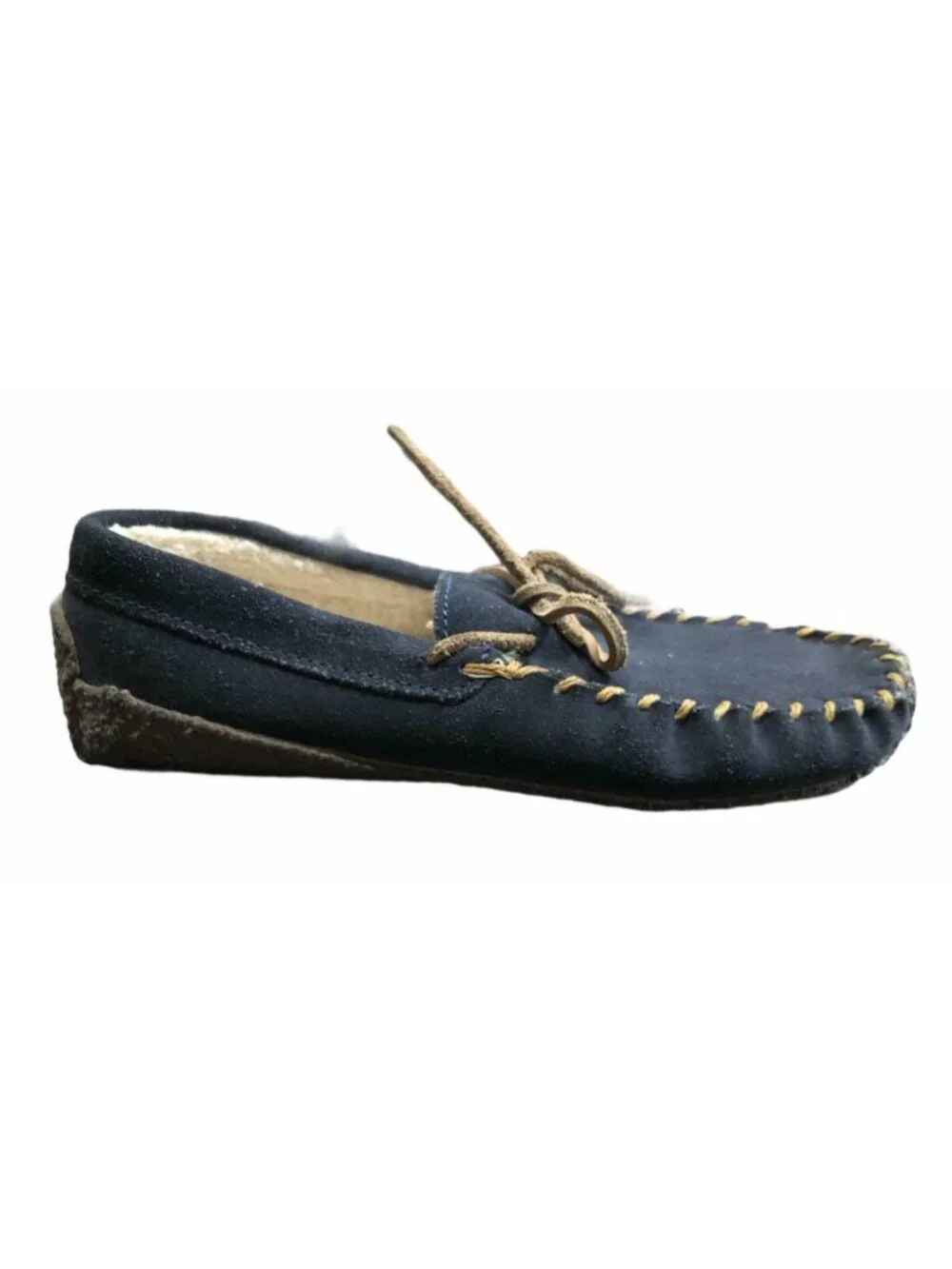 Lands End Moccasin Slippers Boys 2M Tan Navy Blue Suede Leather Faux Fur Lining